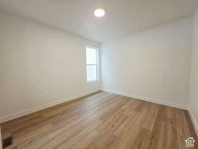 Interior space featuring wood-finish flooring, white walls, and a single vertical window