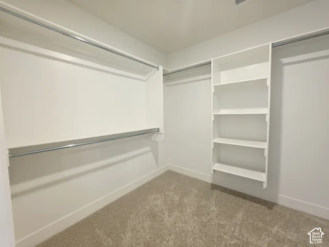 Walk-in closet featuring white built-in shelving, dual-tier metal garment rods, and wall-to-wall carpeting