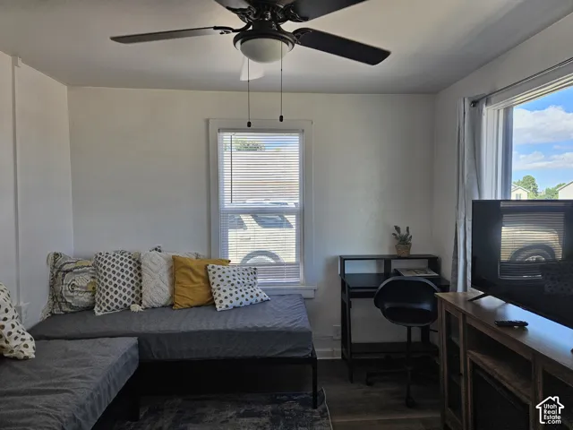 Interior room featuring wood-finish LVP flooring, a ceiling fan with integrated lighting, and new 2 pane windows with horizontal blinds