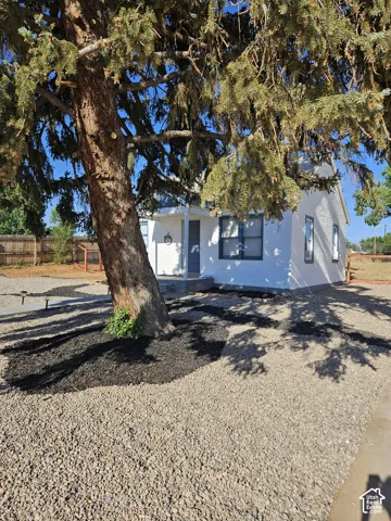 White exterior stucco like siding, blue trim accents, stone-ground landscaping, and a mature evergreen tree