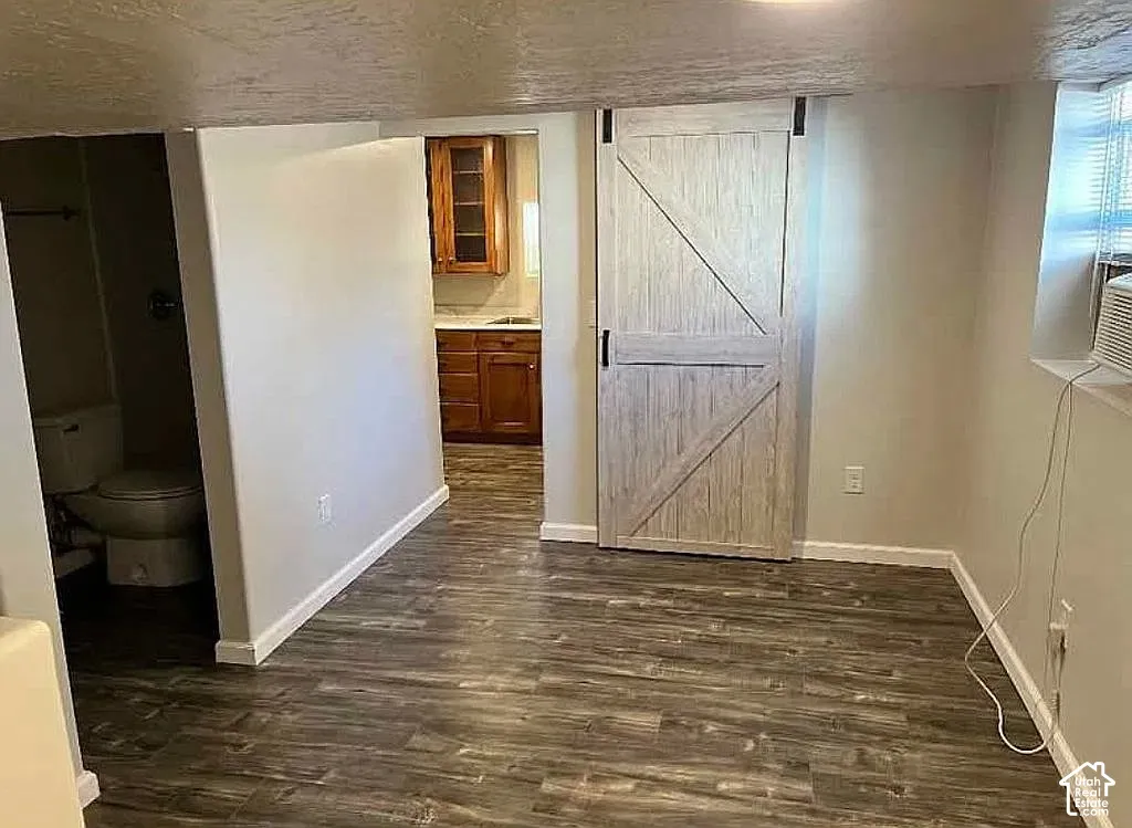 Interior space featuring wood-finish flooring, a sliding barn-style door, and built-in cabinetry