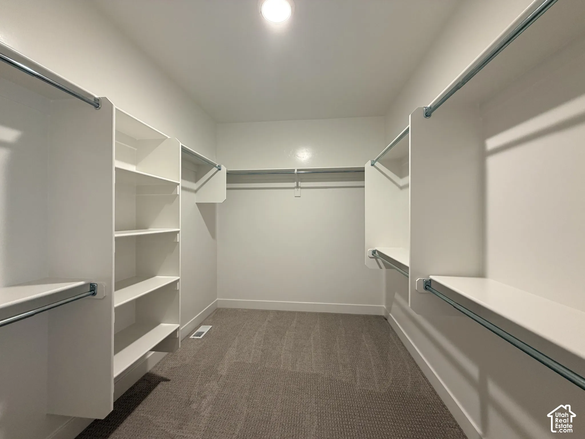 Walk-in closet featuring floor-to-ceiling built-in shelving, multi-level hanging rods, and neutral carpeting