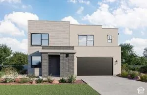 Contemporary two-story exterior featuring a mix of horizontal siding, smooth stucco, and brick masonry finishes, complemented by large-format rectangular windows and an integrated two-car garage