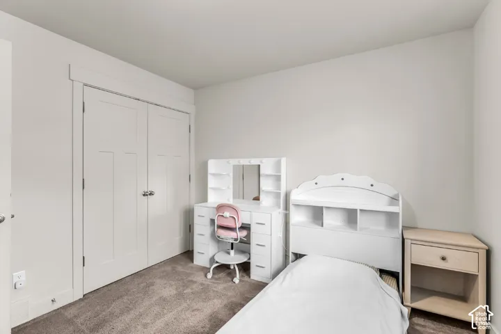Neutral wall tones, plush carpeting, and dual-panel closet doors with Craftsman-style casing