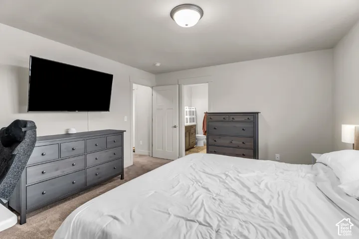 Neutral wall tones, wall-to-wall carpeting, flush-mount ceiling lighting, and solid-core interior doors with traditional millwork casing