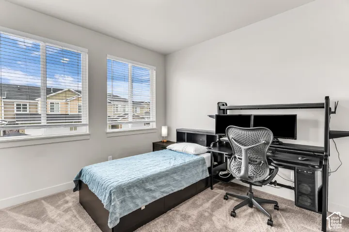 Neutral-toned room featuring wall-to-wall carpeting and dual windows with horizontal blinds