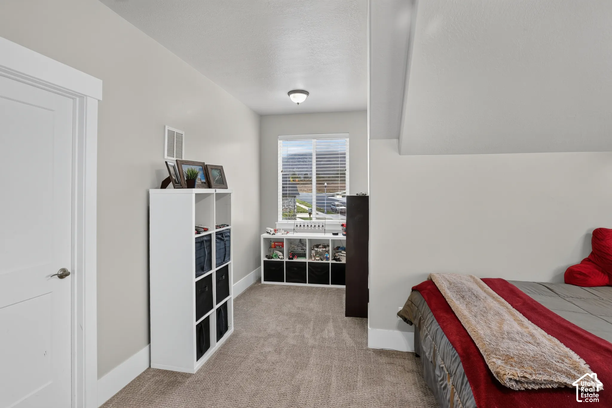 Neutral-toned walls, carpeted flooring, single-hung window, and ceiling-mounted light fixture