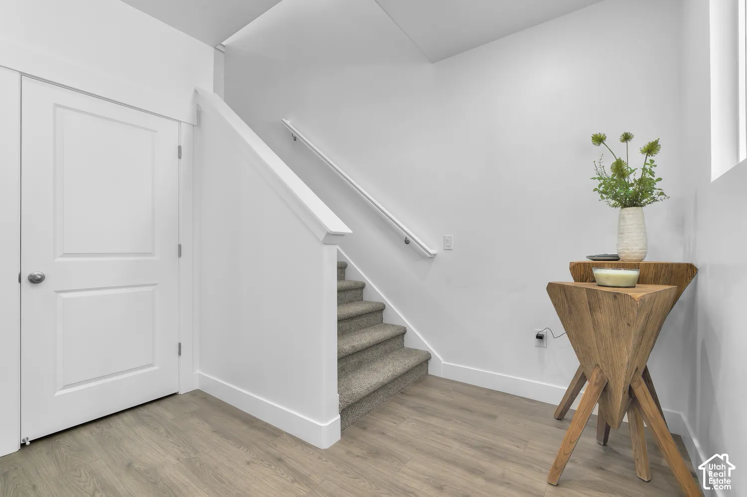 Staircase featuring carpeted treads, a white wall-mounted handrail, wood-finish flooring, and a two-panel interior door