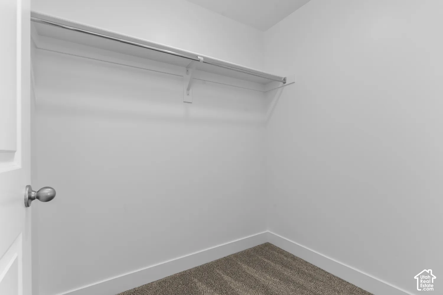 Walk-in closet featuring neutral carpeting and built-in shelving with an integrated metal hanging rod