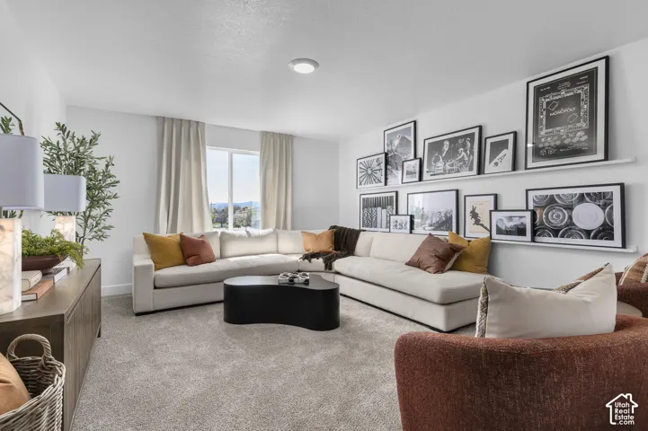 Living area featuring neutral carpeting, wall-mounted display shelving, a single window, and a recessed ceiling light