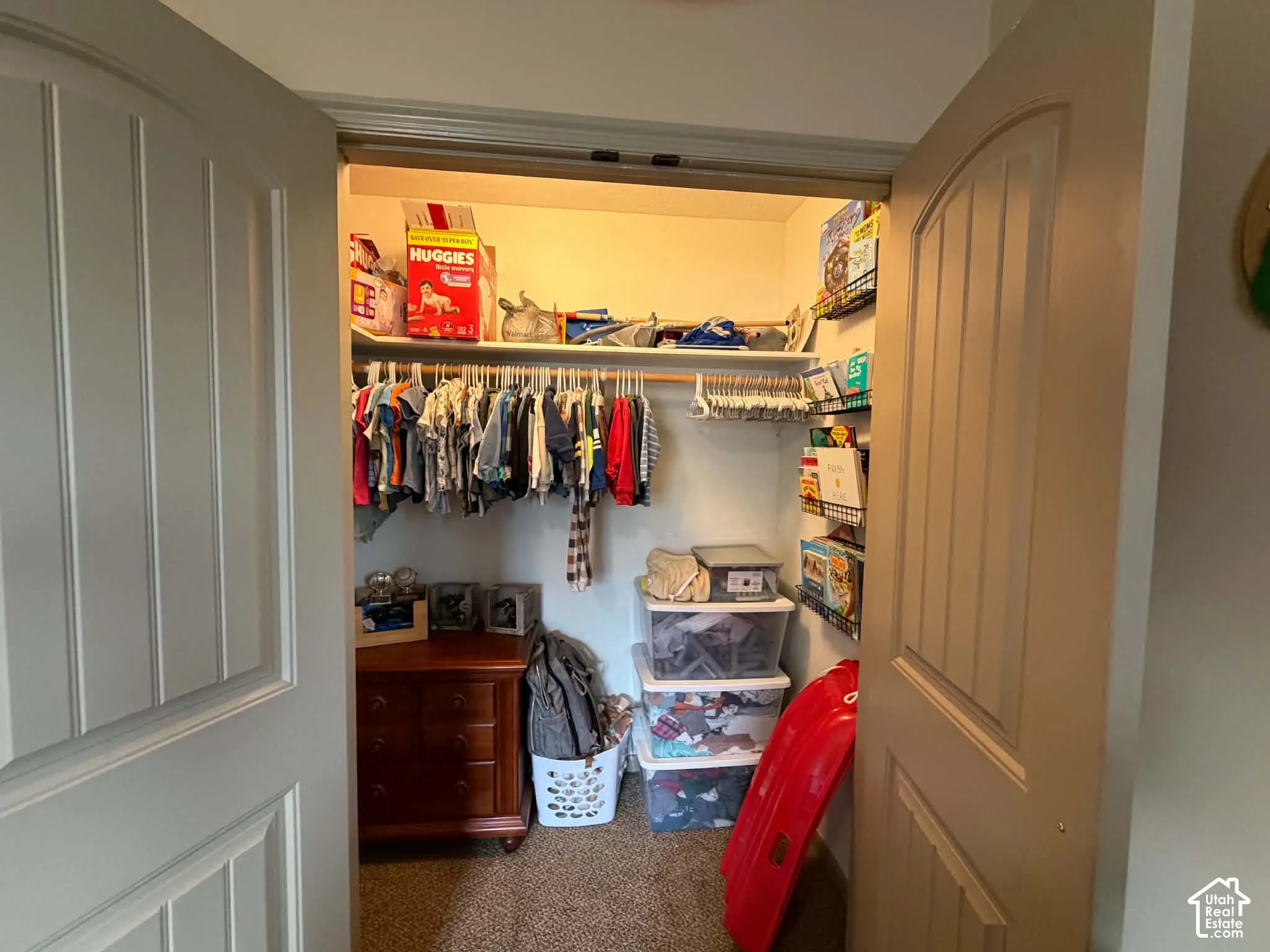Reach-in closet featuring double arched-panel doors, a full-width upper shelf, and a built-in wire wall rack