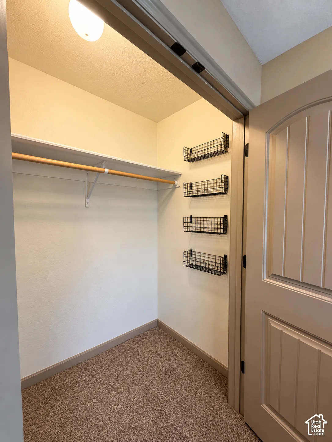Storage closet featuring a wood-finish hanging rod, upper shelving, and wall-mounted wire storage baskets, accessed via a solid-panel door