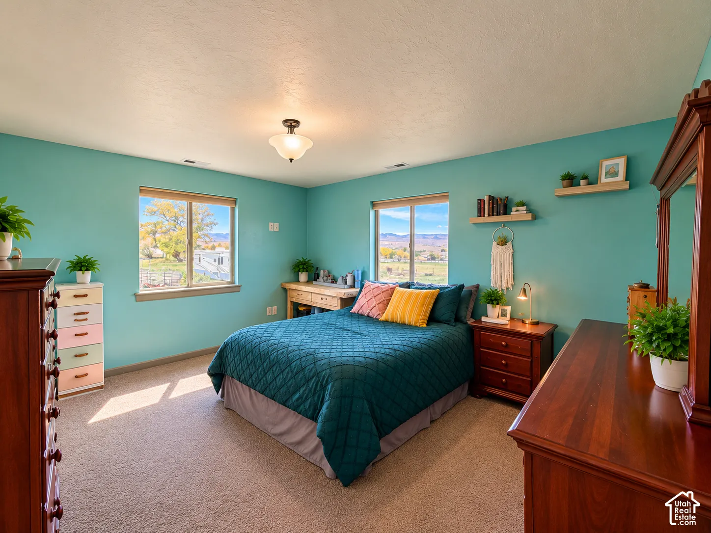 Spacious room featuring neutral carpeting, two dual-pane windows, and mounted shelving