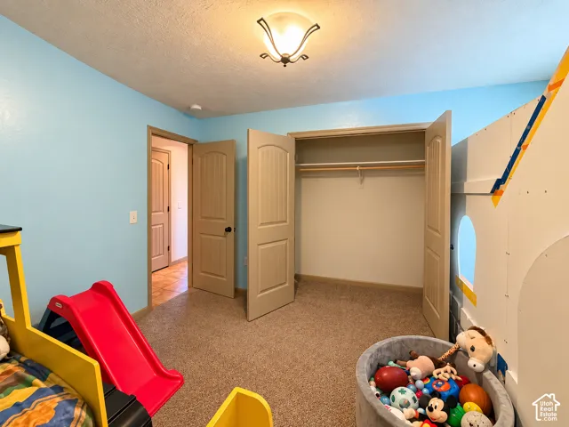 Room featuring neutral-toned carpeting, dual-panel interior doors, a reach-in closet with built-in shelving, and a semi-flush mount light fixture