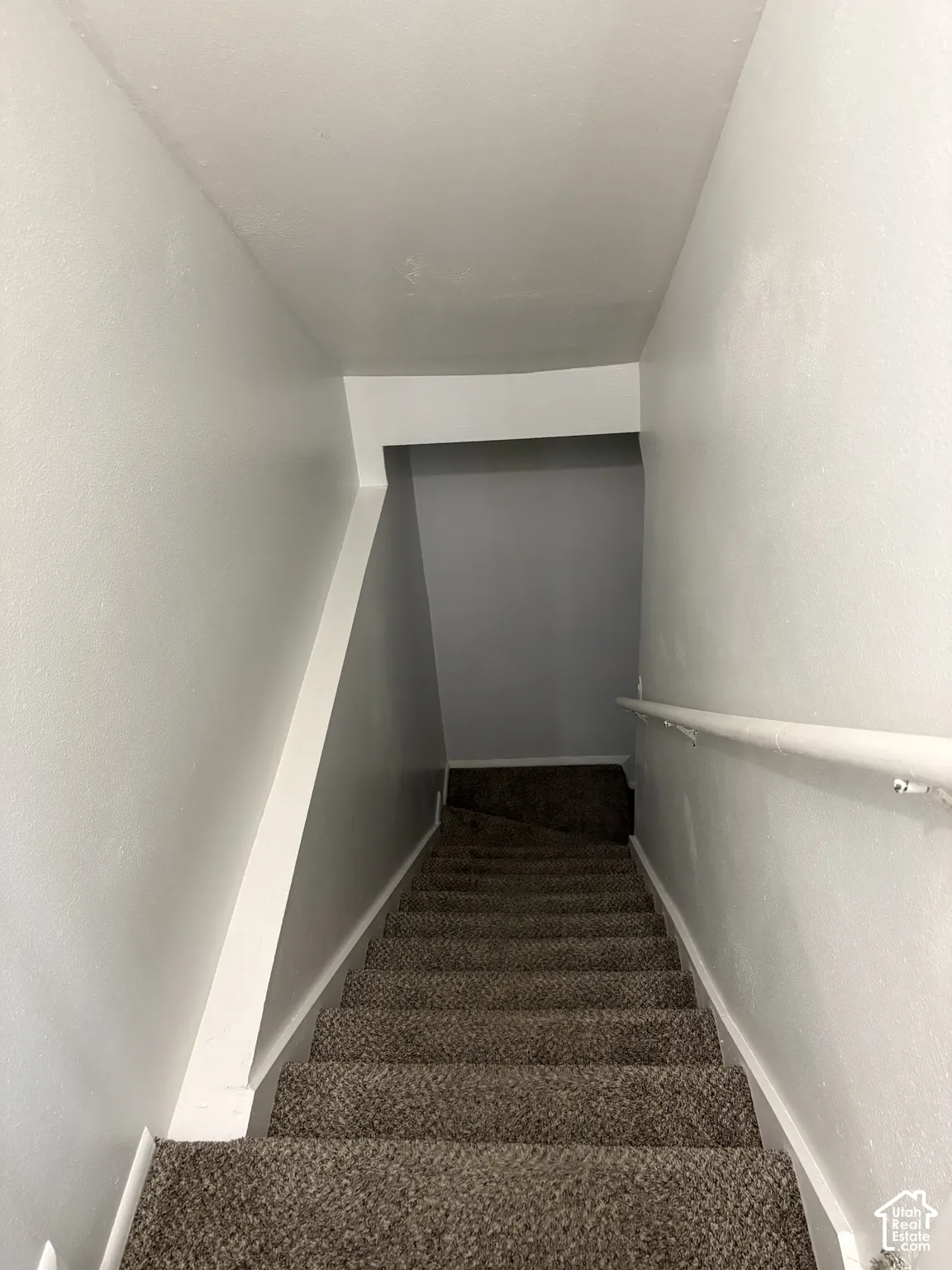 Staircase featuring neutral-toned carpeting and a fixed wall-mounted handrail