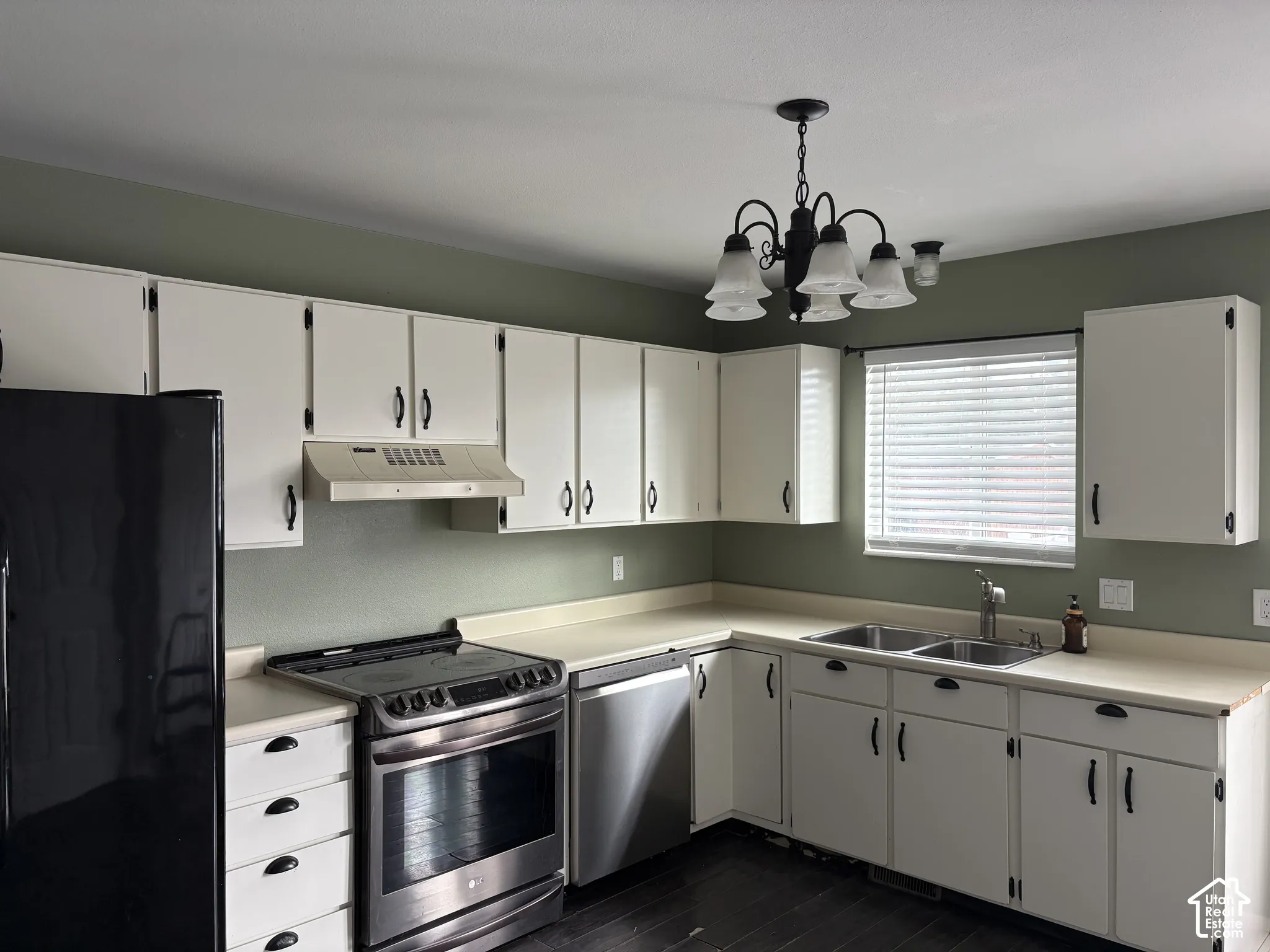 Kitchen featuring white cabinetry, stainless steel appliances, a double-basin sink, and dark-toned wood-finish flooring