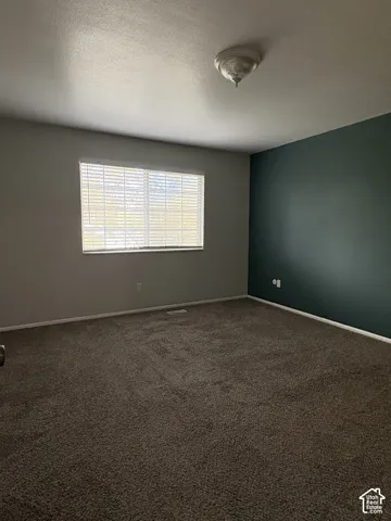 Neutral-toned interior space featuring dark teal accent wall, wall-to-wall carpeting, and a window with horizontal blinds