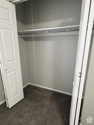 Reach-in closet featuring dual-panel hinged doors, carpeted flooring, and a built-in metal hanging rod with overhead shelf