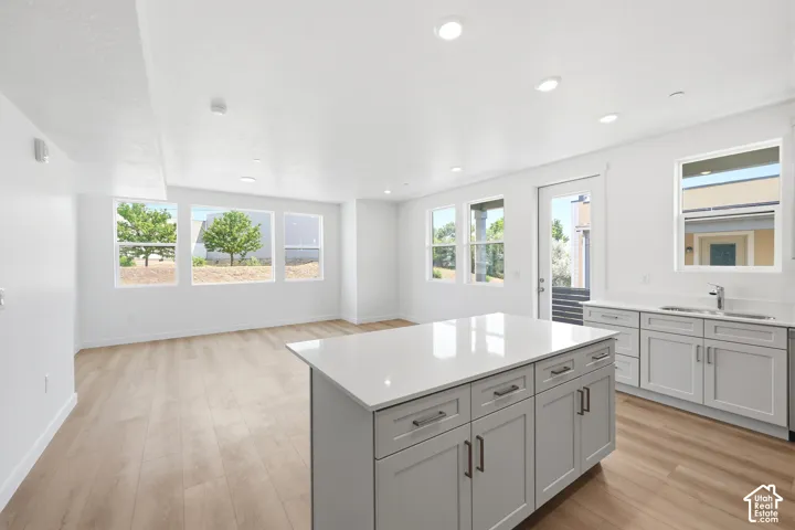 Open-concept kitchen and living area featuring wood-finish flooring, recessed lighting, a center island with quartz countertops, gray shaker-style cabinetry, and large windows