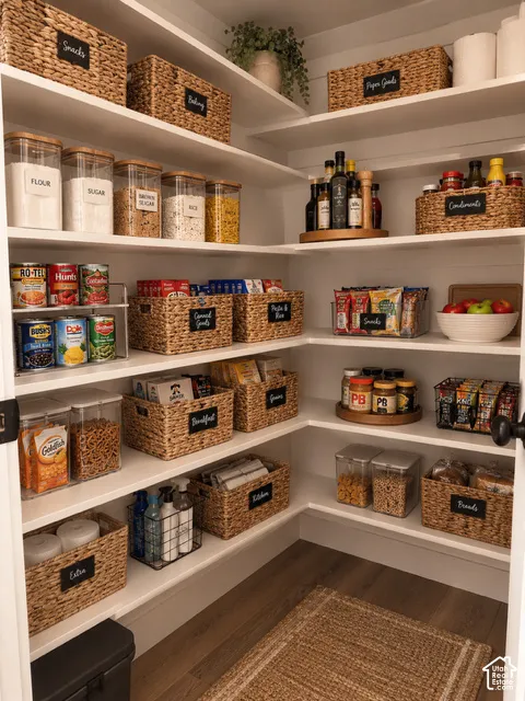 Walk-in pantry featuring expansive custom wrap-around shelving and wood-finish flooring
