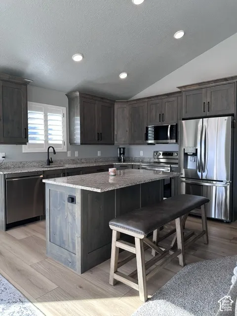 Kitchen featuring custom dark-toned cabinetry, a central island with stone-surface countertop, stainless steel appliances, recessed ceiling lighting, and light wood-finish flooring