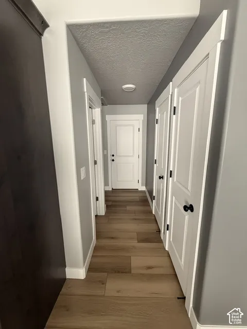 Hallway featuring wood-finish flooring, two-panel interior doors, matte black hardware, and crisp white casing