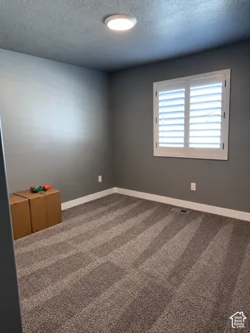 Interior room featuring neutral-toned carpeting, grey wall paint, and white plantation shutters