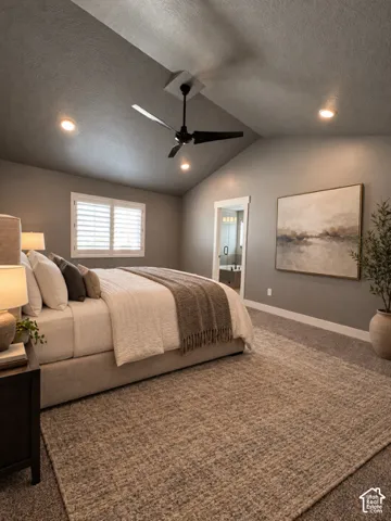 Vaulted ceilings featuring recessed lighting, a matte black ceiling fan, and plantation shutters