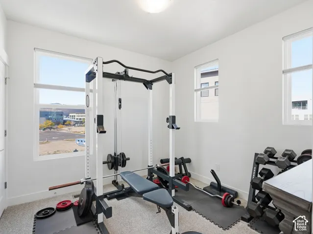 Neutral-toned room featuring light carpeting, crisp white walls, and triple windows providing natural illumination