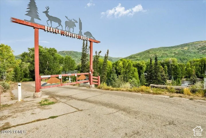 Custom metal entrance gate featuring ornamental wildlife silhouettes, set against a backdrop of mature trees and mountain topography