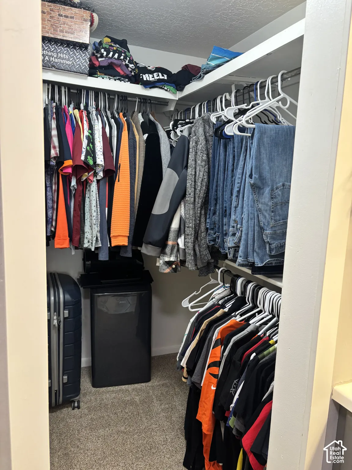 Walk-in closet featuring multi-level built-in shelving and dual-rod garment hanging systems