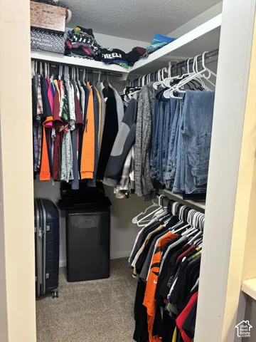 Walk-in closet featuring multi-level built-in shelving and dual-rod garment hanging systems