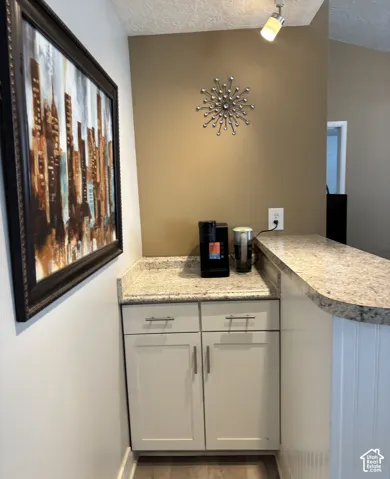 Built-in cabinet featuring shaker-style doors, stone-finish countertops, bar-height counter, and adjustable overhead directional lighting