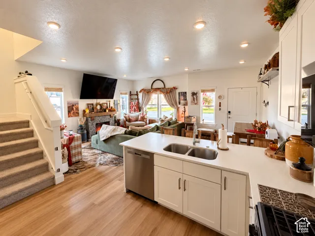 Kitchen featuring white shaker cabinetry, stainless steel dishwasher, dual-basin stainless steel sink, and light-toned countertops, with wood-finish flooring, recessed lighting, and a stone-clad fireplace