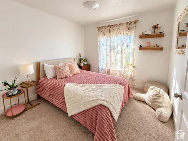 Neutral interior featuring plush wall-to-wall carpeting, dual floating wooden wall shelves, and a large window with hardware