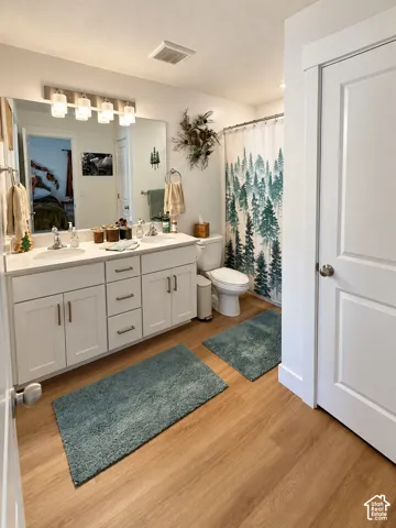 Dual-sink vanity with white cabinetry, light-toned countertop, wood-finish flooring, and wall-mounted vanity lighting