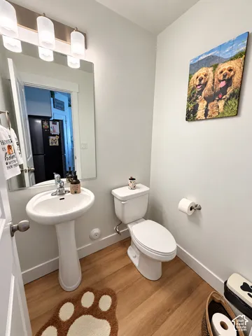 Pedestal sink with chrome faucet, large rectangular mirror, three-light vanity fixture, and wood-finish flooring