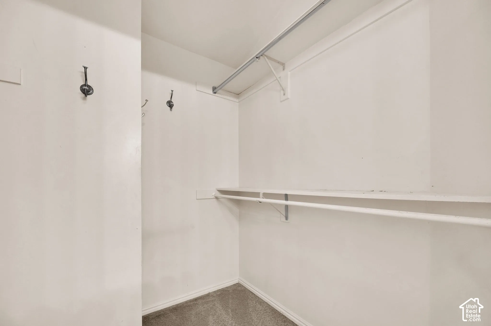 Storage area featuring dual-level hanging rods, built-in shelving, and wall-mounted metal hooks