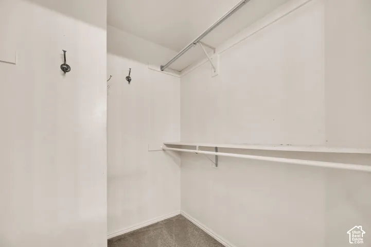 Storage area featuring dual-level hanging rods, built-in shelving, and wall-mounted metal hooks