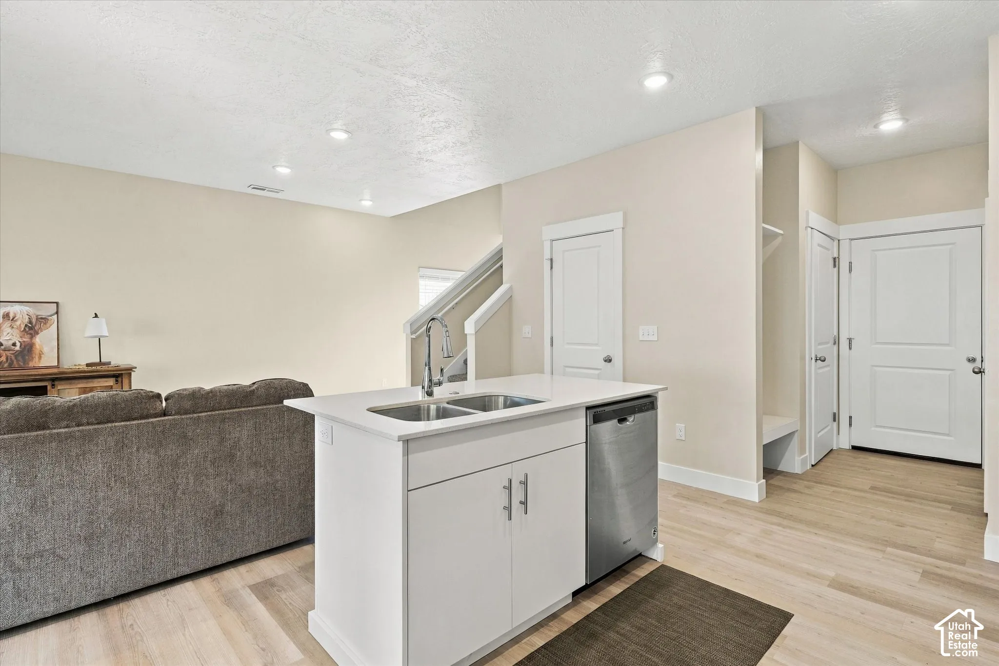 Kitchen island featuring a dual-basin stainless steel sink, a light-toned countertop, and integrated stainless steel dishwasher, complemented by wood-finish flooring and recessed lighting