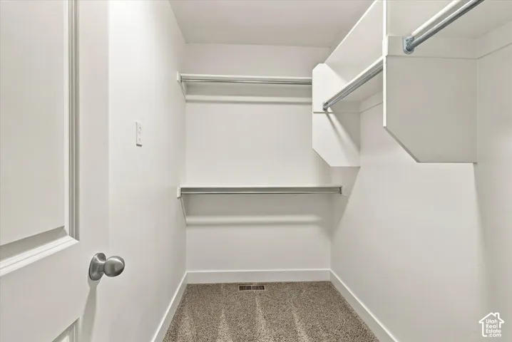 Walk-in closet featuring multi-level white built-in shelving, integrated metal clothing rods, and wall-to-wall carpeting