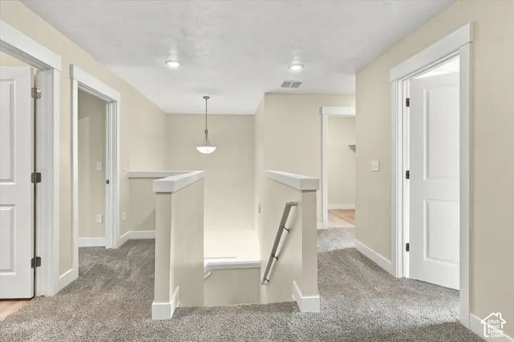 Neutral wall tones, recessed lighting, carpeted flooring, multi-panel interior doors, and a decorative pendant light fixture