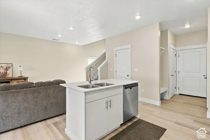 Kitchen island featuring a dual-basin stainless steel sink, a light-toned countertop, and integrated stainless steel dishwasher, complemented by wood-finish flooring and recessed lighting