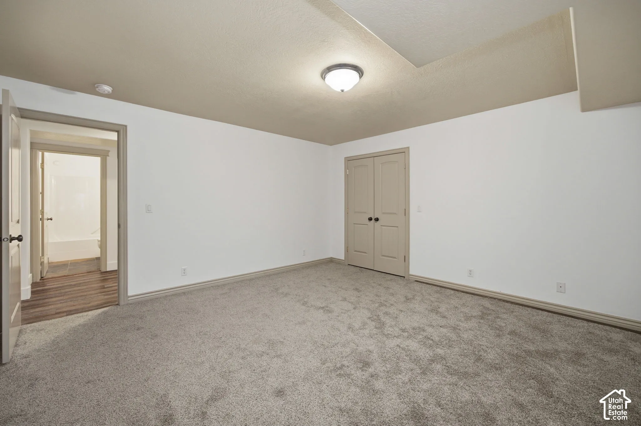 Neutral-toned carpeting, dual-panel closet doors, flush-mount ceiling lighting, and solid-core interior doors