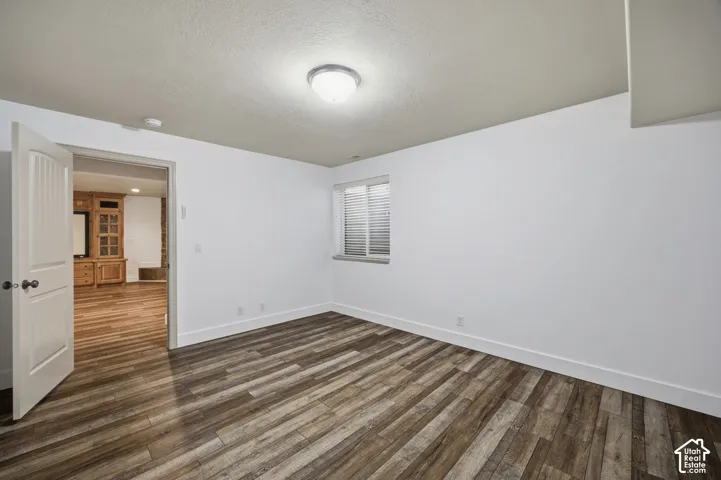 Interior space featuring wood-finish flooring, a neutral color palette, a single-panel interior door, and a recessed window