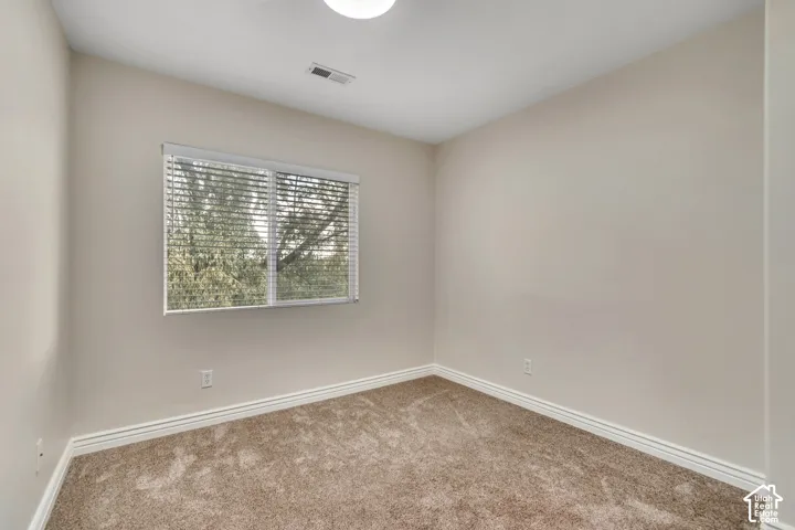Neutral-toned interior space featuring plush carpeting, soft wall coloring, and a window fitted with horizontal blinds