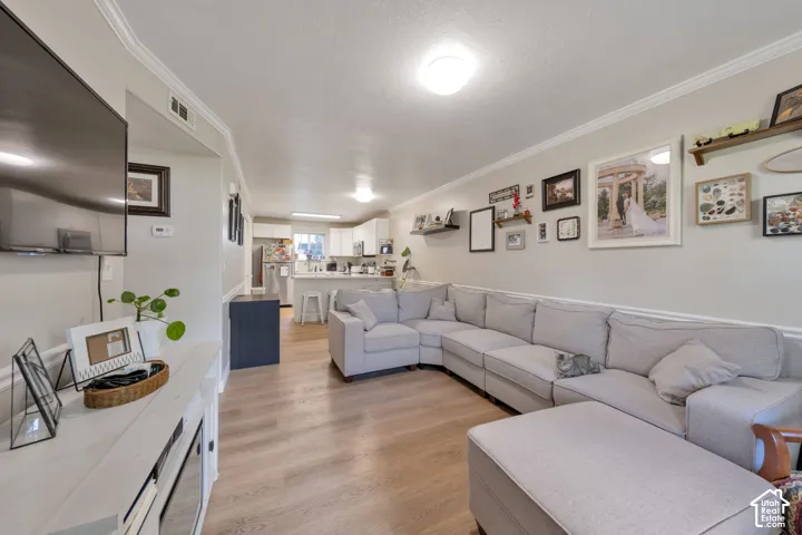 Living area featuring light wood-finish flooring, crown molding, and a kitchen island with built-in cabinetry