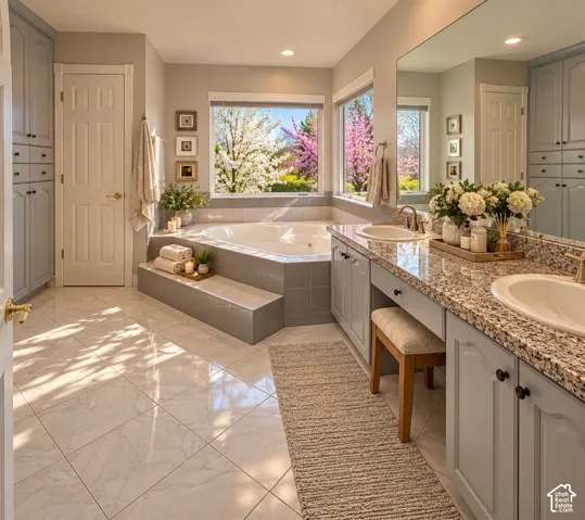 Bathroom featuring tile flooring, stone-surfaced dual vanity, built-in cabinetry, and a jetted corner soaking tub