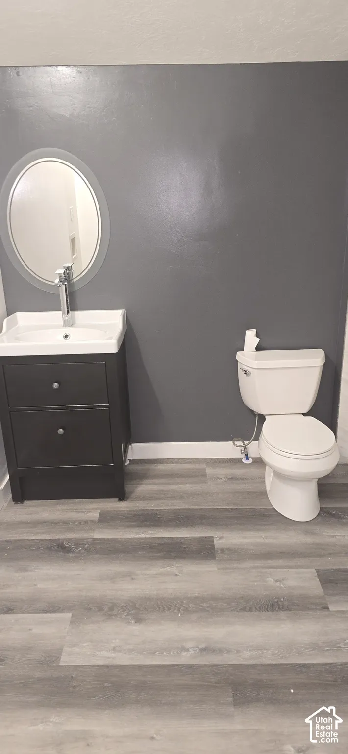 Dark-toned vanity with integrated basin, polished metal faucet, oval wall-mounted mirror, two-piece porcelain toilet, and wood-finish flooring