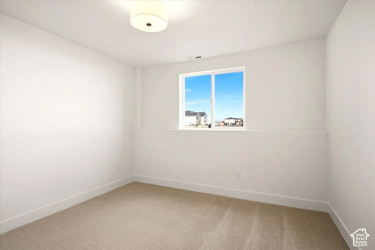 Neutral-toned carpeting, crisp white wall finishes, and a flush-mount drum light fixture